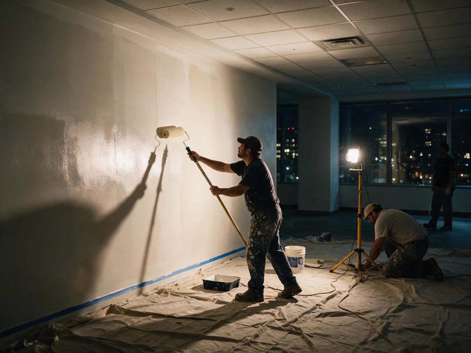 Night crew painting a commercial office interior after hours