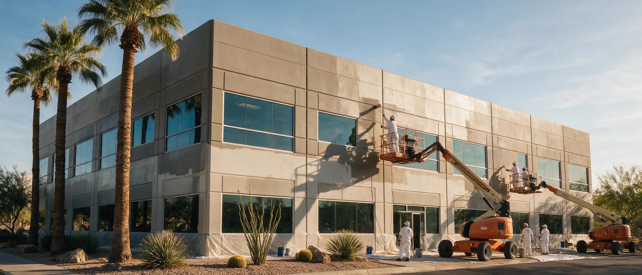 Painters on boom lifts repainting a modern Phoenix office building exterior
